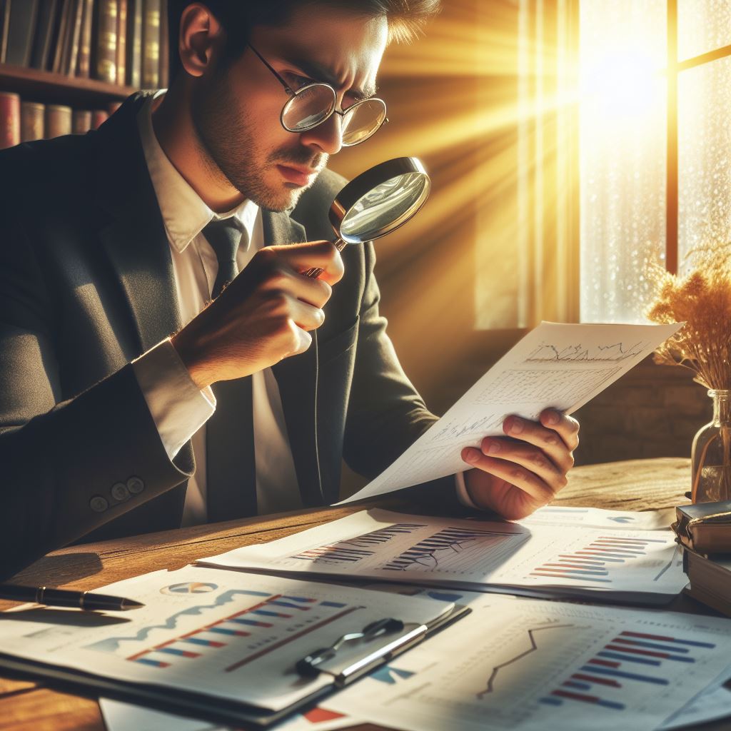 drawing of man using magnifying glass to differentiate between Fundamental Vs Technical Stock Analysis