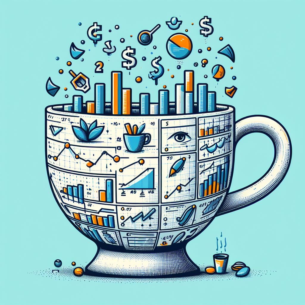 drawing of cup with stock charts in the picture to illustrate the cup and handle stock pattern in trading