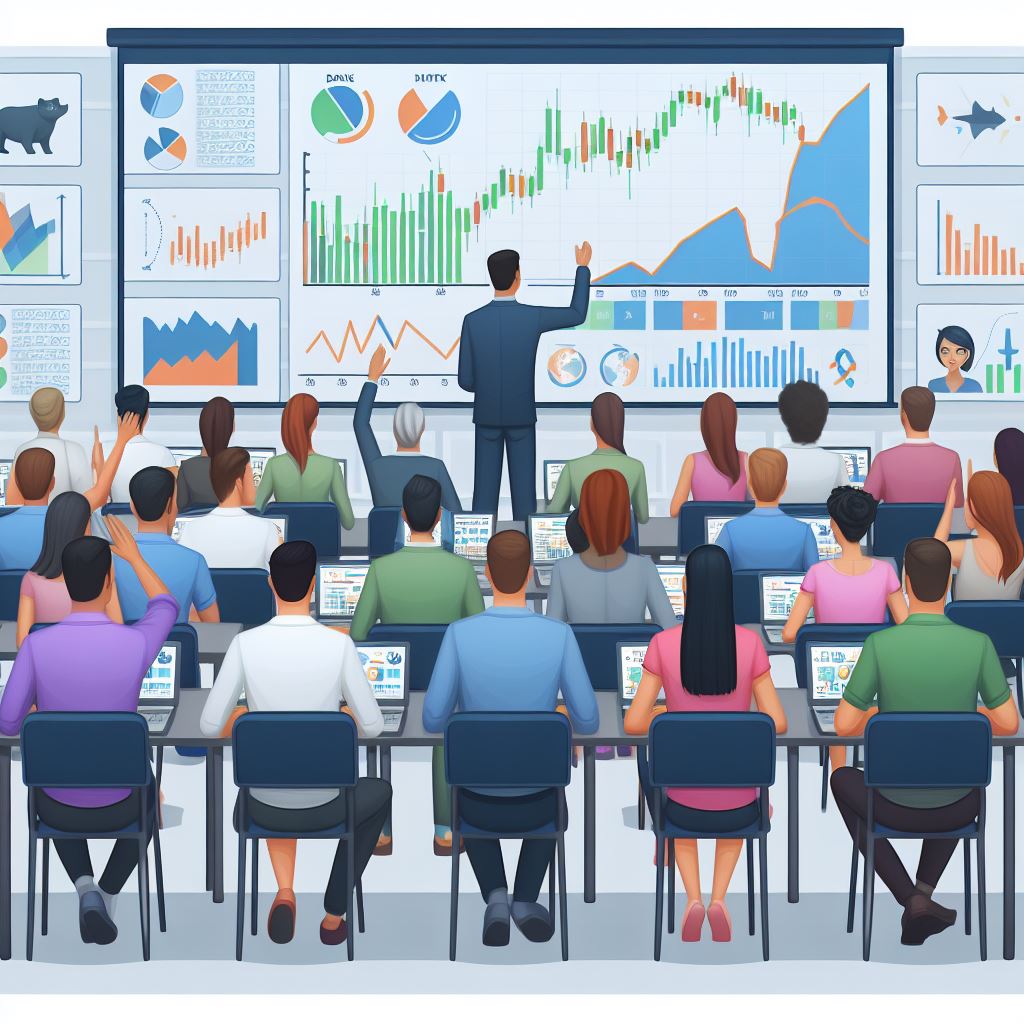 Illustration of an instructor at white board teaching a group of students the Stock Option Trading Basics